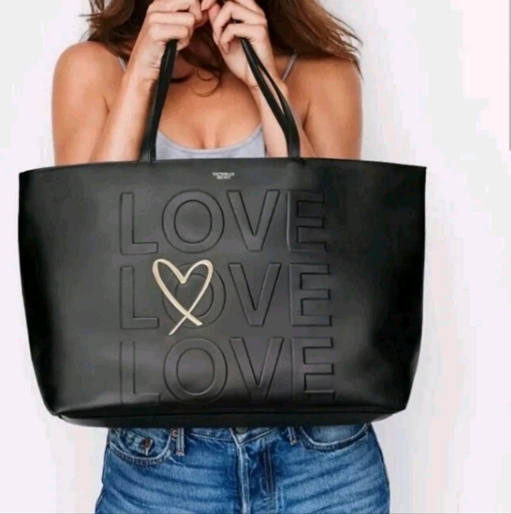 NWT Victoria's Secret LOVE Embellished Black Faux Leather Tote Gold Raised Heart
